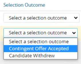 Selection outcome drop-down menu for Contingent Offer Accepted status in MyTrack