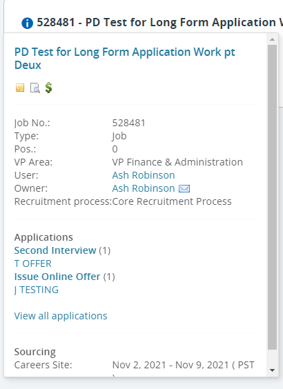 Job information available from the applicant card