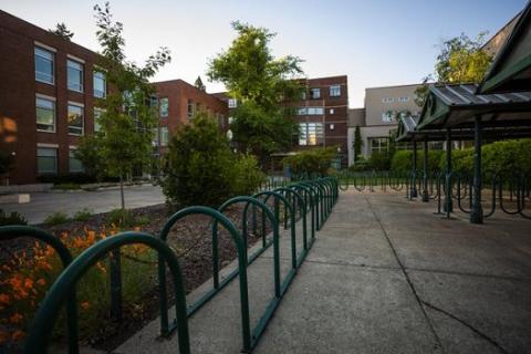 Allen, Lawrence, and Chapman Halls with bike rack